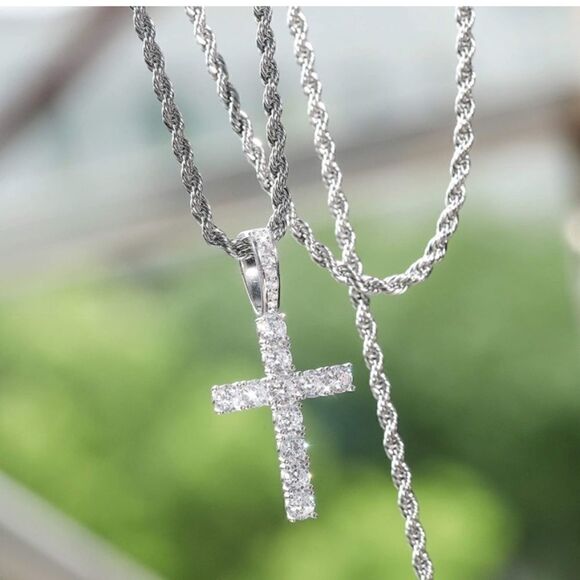 NEW Diamond Cross  Rope or Cuban Chain Necklace - Picture 2 of 9